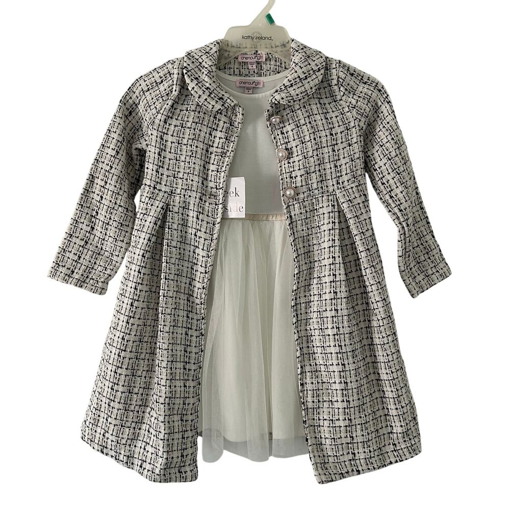 Chenault Girl Girl's Three Button Tweed Long Pea Coat and Tulle Dress Set6 New